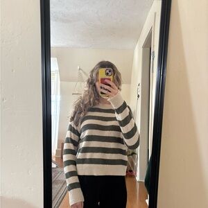 Altar'd State Olive & Cream Striped Crew Sweater